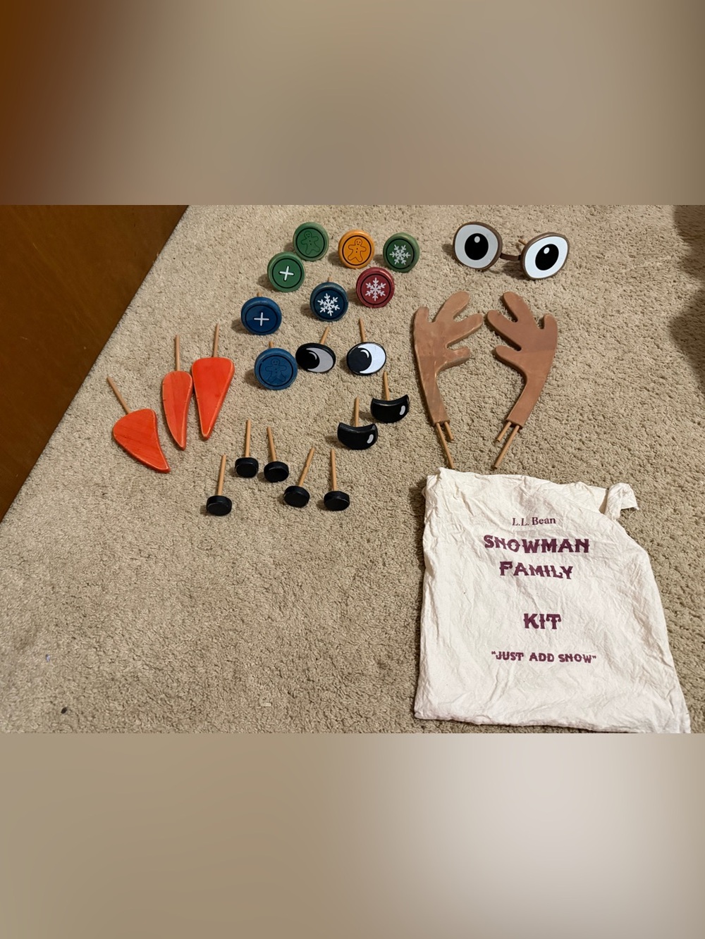 L.L. Bean Snowman Family Kit - Brown Antlers, Orange Noses, Black Eyes